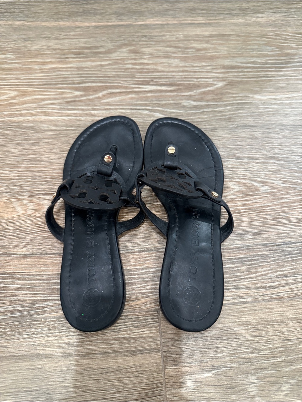 Tory Burch Black Leather Cutout Logo Thong Sandals